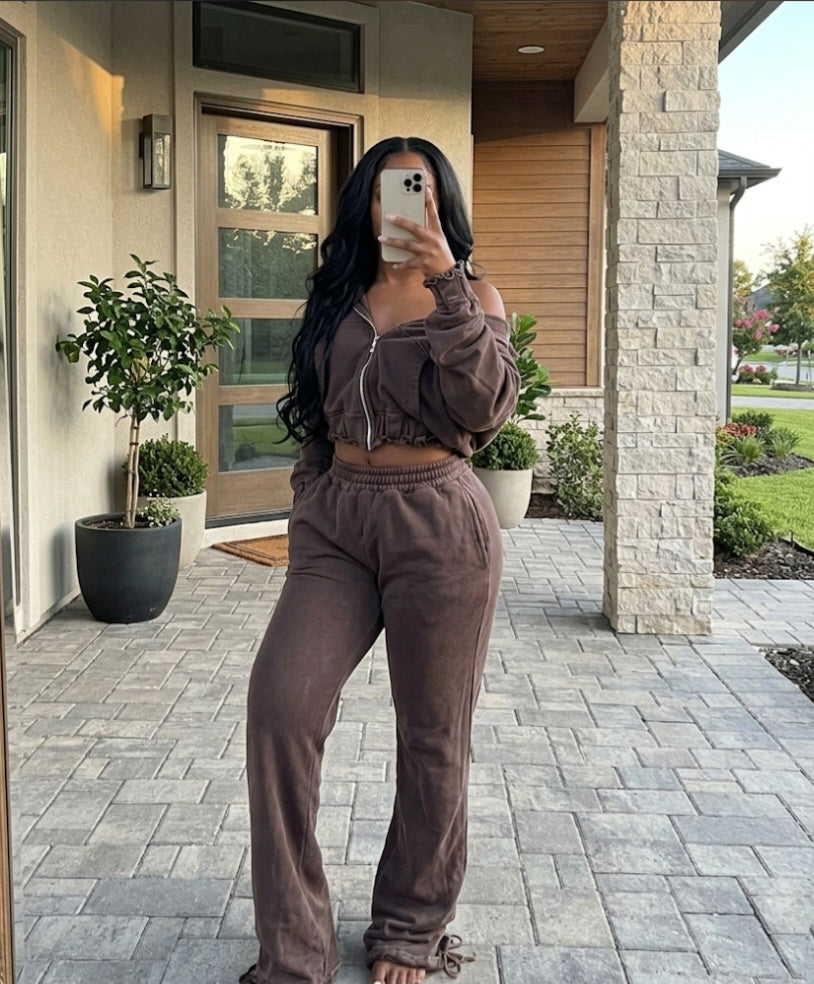 Vintage Acid Wash Two-Piece Set – Cropped Zip Hoodie & Flare Pants