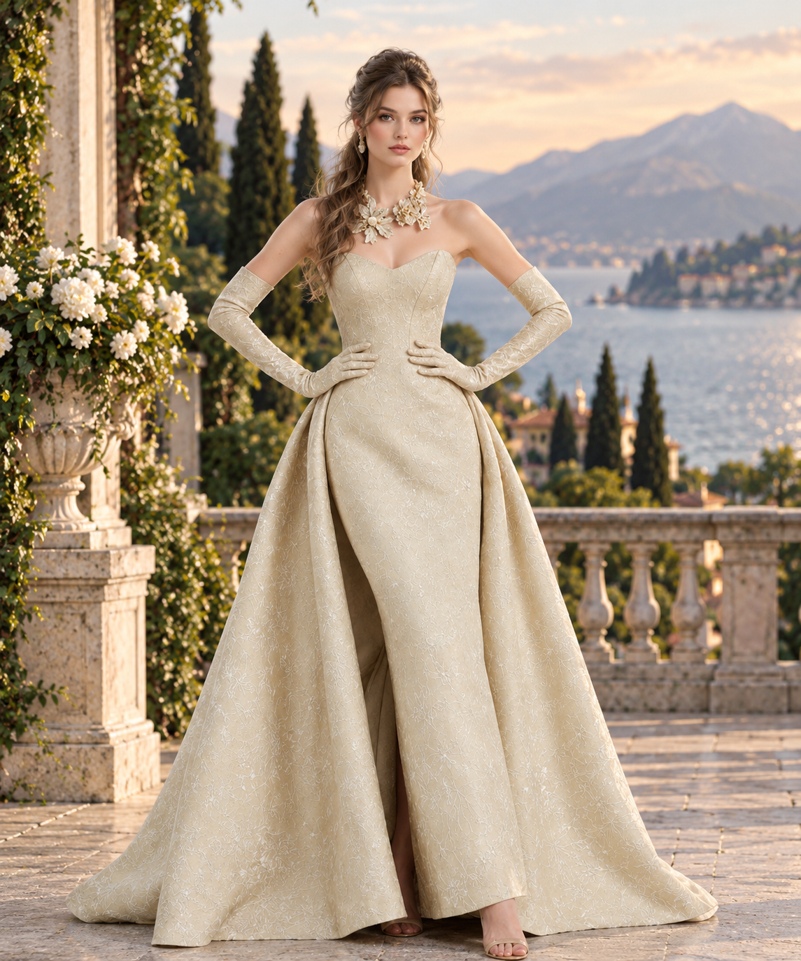 Strapless Evening Gown with Sweeping Overskirt | Abito da Sera Senza Spalline con Sopragonna