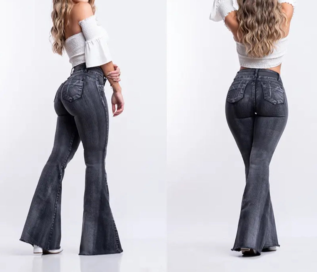 Custom High Stretch Grey Washed Butt Lifting Flare Jeans Women Vendor OEM Bulk Denim Pants