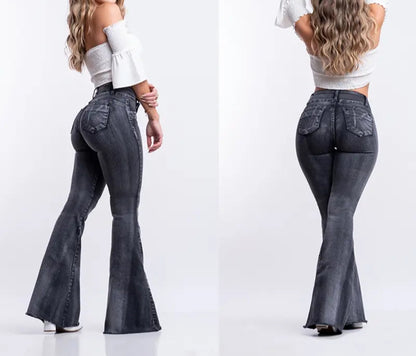 Custom High Stretch Grey Washed Butt Lifting Flare Jeans Women Vendor OEM Bulk Denim Pants