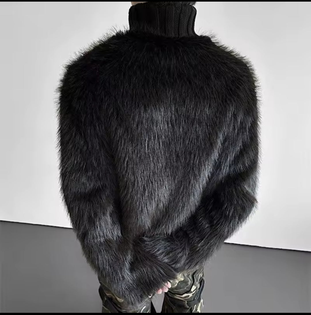 Oversized Faux Fur Cable-Knit Turtleneck Sweater