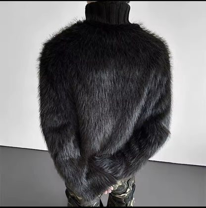 Oversized Faux Fur Cable-Knit Turtleneck Sweater - Modernrush.us