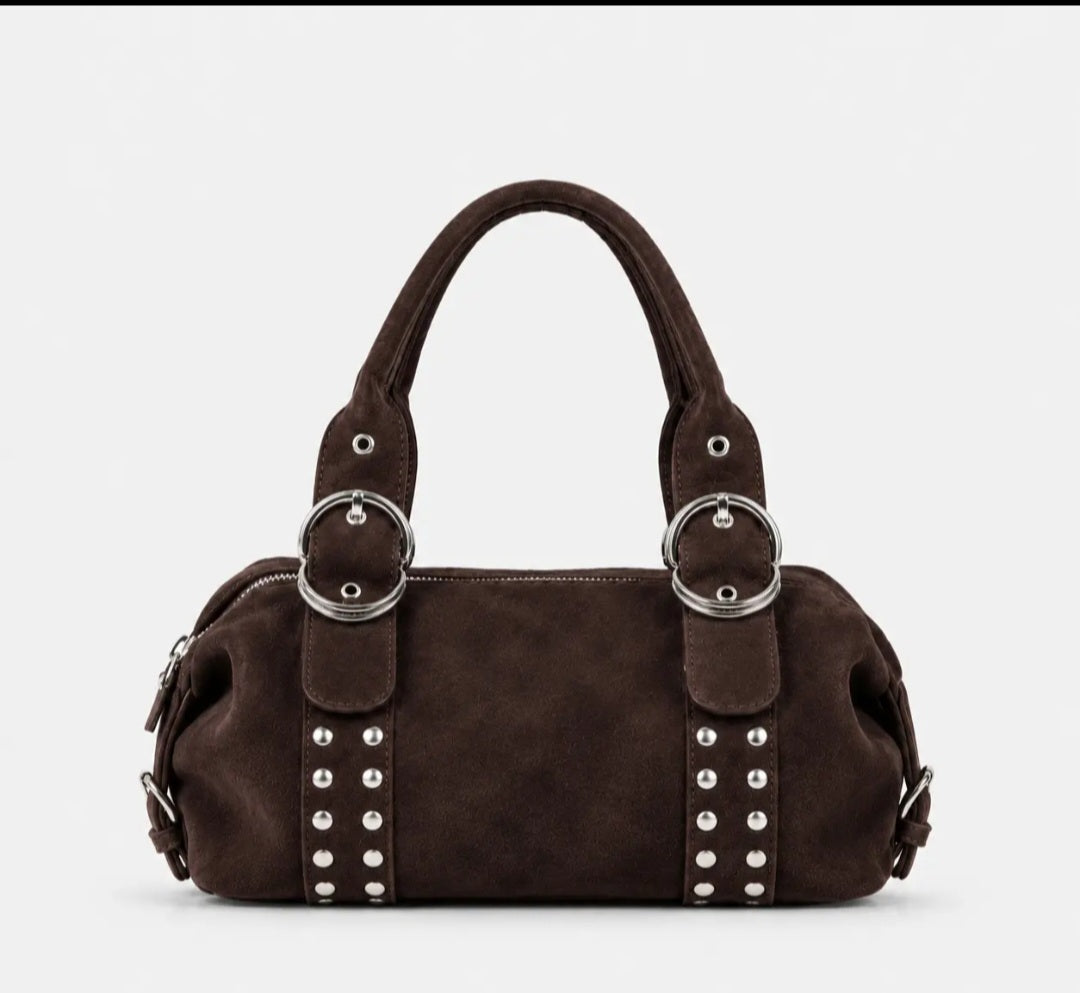 Vintage Studded Suede-Look Boston Shoulder Handbag with Top Handles