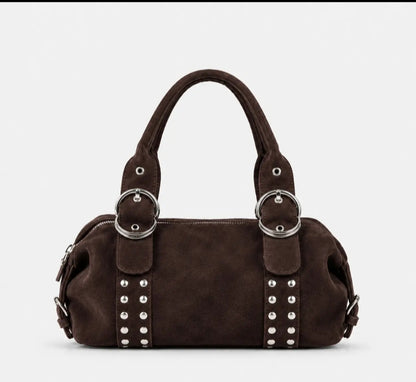 Vintage Studded Suede-Look Boston Shoulder Handbag with Top Handles