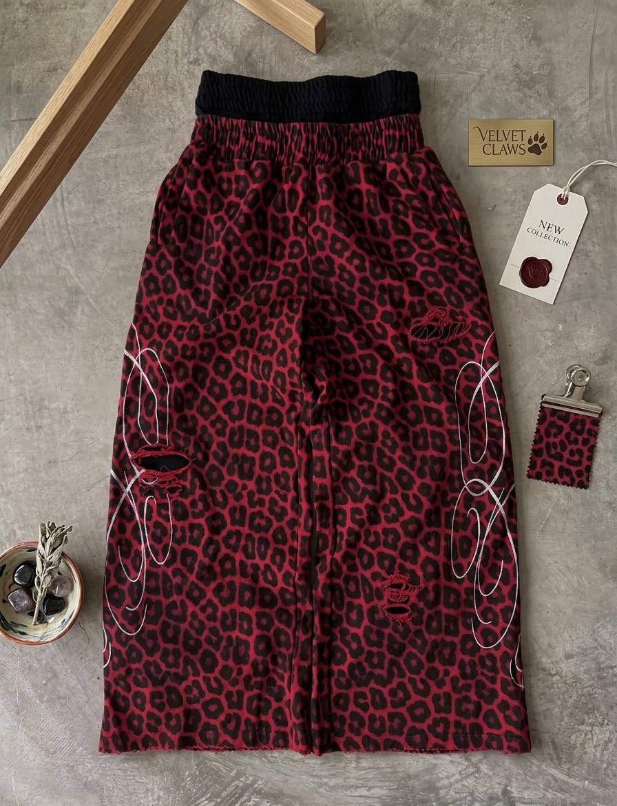 Y2K Leopard Print Wide Leg Sweatpants – Embroidered Scribble Detail
