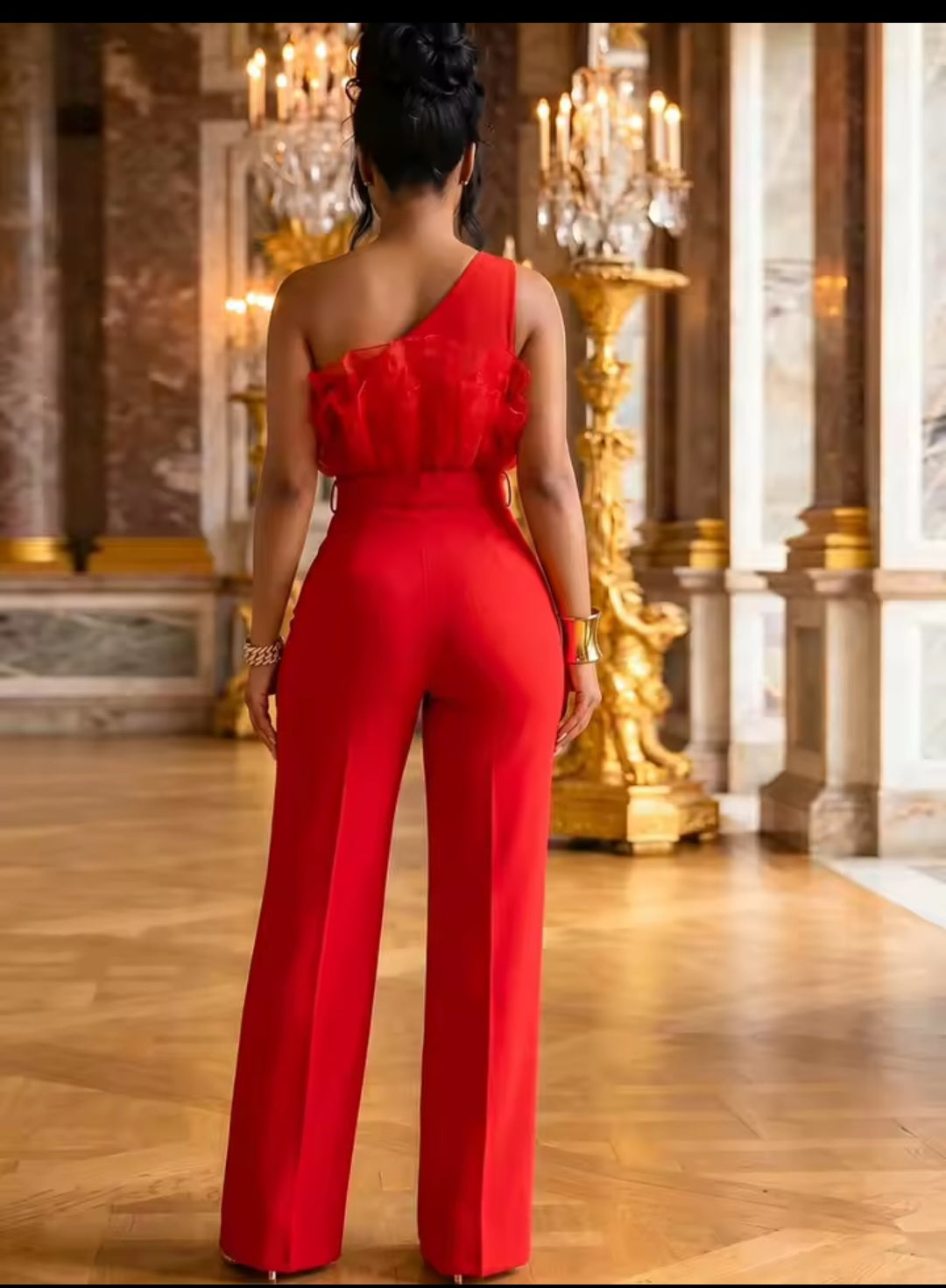 Women's One-Shoulder Ruffled Wide-Leg Jumpsuit