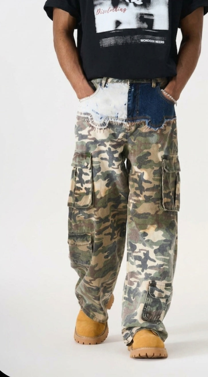 Two-Tone Camo Denim Splice Cargo Pants