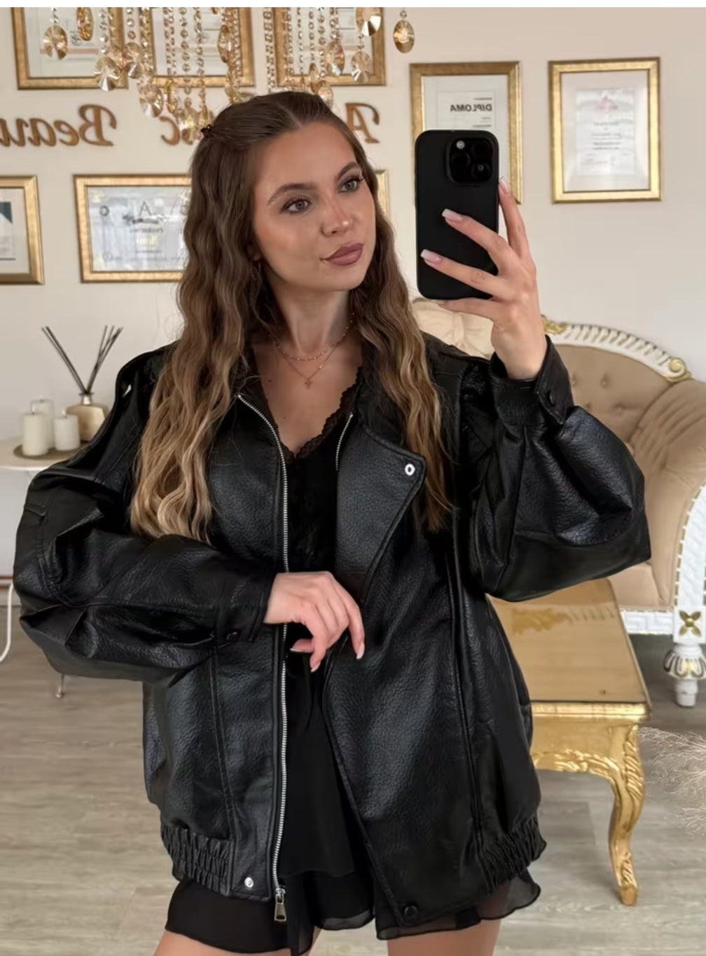 Women's Oversized Faux-Leather Zip Jacket, Versatile Casual Short Coat - Modernrush.us