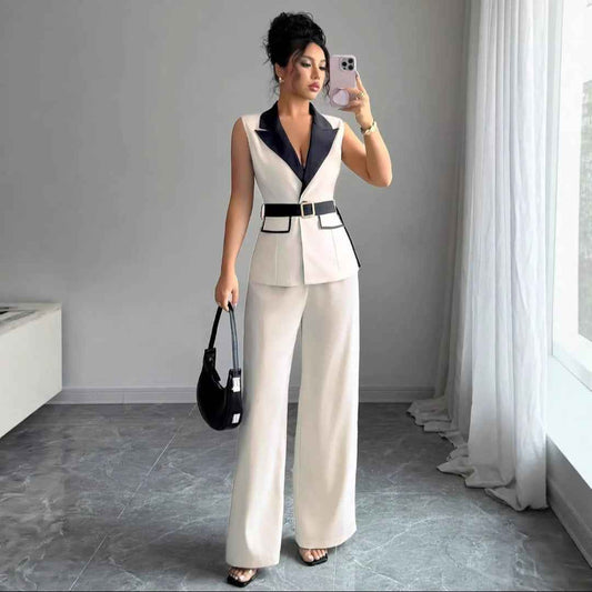 Sleeveless Colorblock Blazer Vest & Wide-Leg Trousers Set