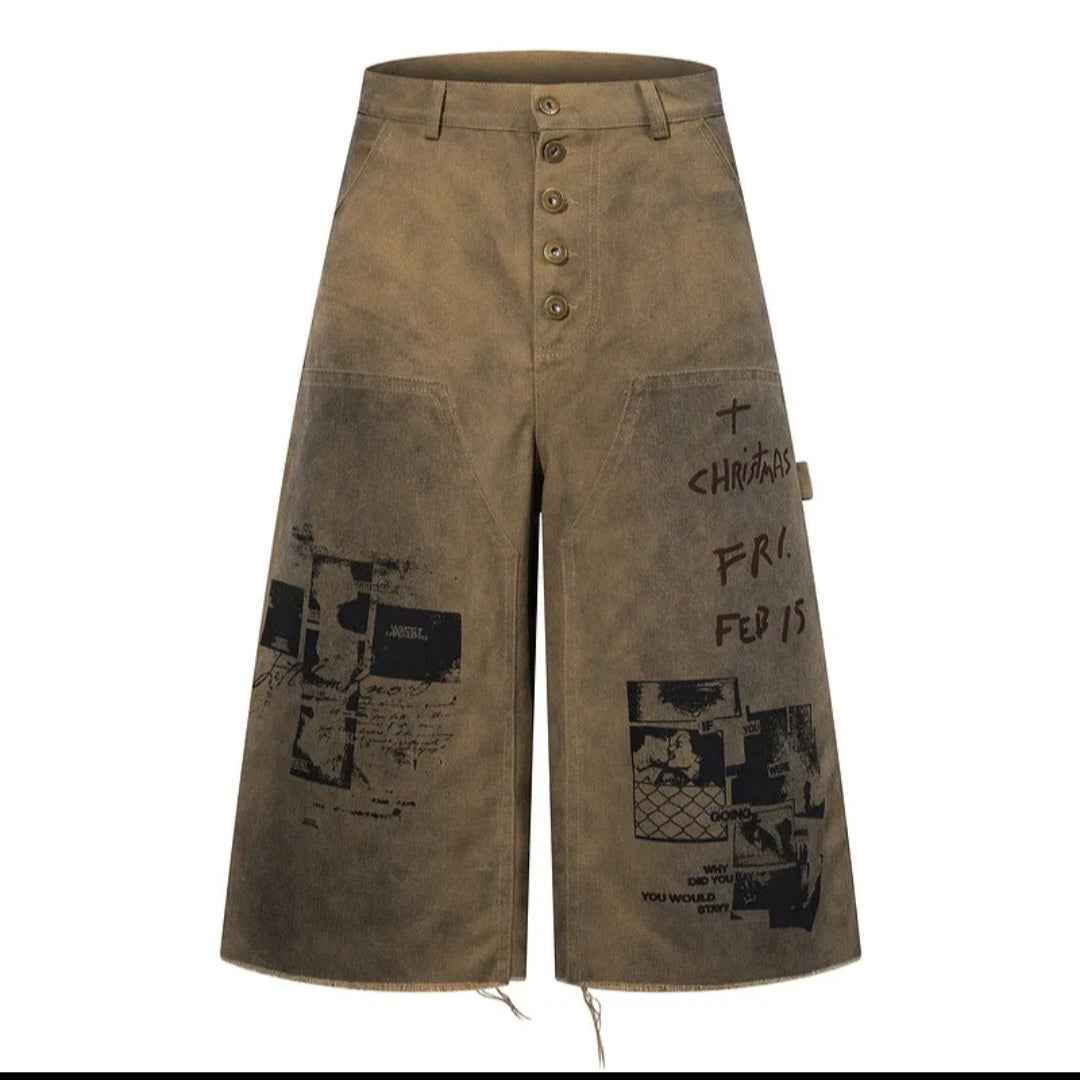 Men's Distressed Graffiti Print Baggy Jorts / Jorts Uomo Baggy Effetto Consumato con Stampa Graffiti