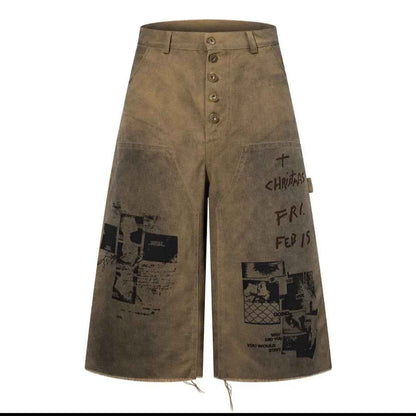 Men's Distressed Graffiti Print Baggy Jorts / Jorts Uomo Baggy Effetto Consumato con Stampa Graffiti