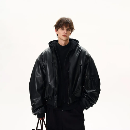 Men's Oversized Leather-Look Hooded Bomber Jacket – Black Heavyweight