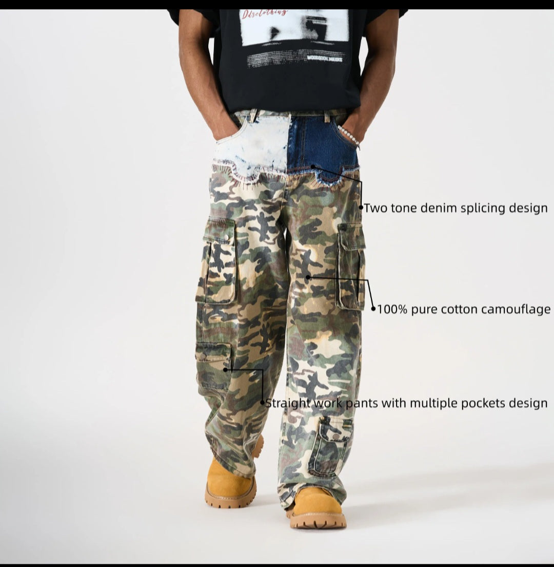 Two-Tone Camo Denim Splice Cargo Pants