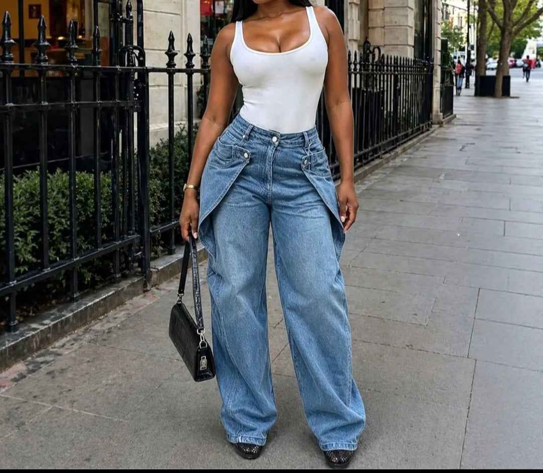 Asymmetrical Draped-Waist Wide-Leg Jeans
