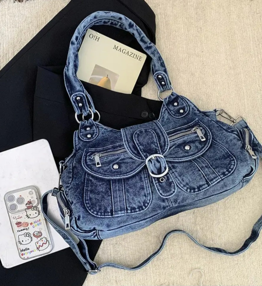 Vintage Washed Denim Hobo Shoulder Bag with Buckle Flap and Multi-Zip Pockets