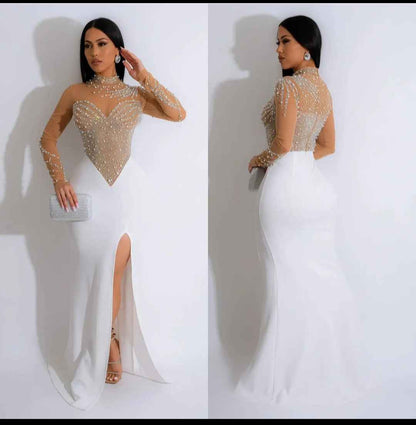 Sheer Mesh Beaded Mock Neck Mermaid Gown with Slit