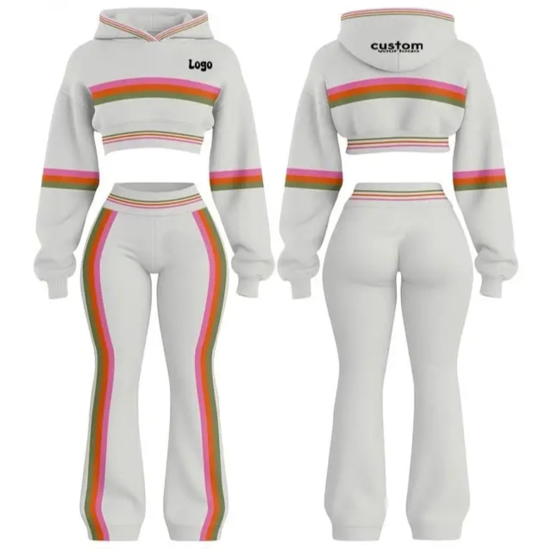 Striped Colorblock Cropped Hoodie &amp; Flare Sweatpants Set