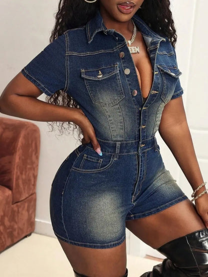 Button-Front Belted Denim Romper