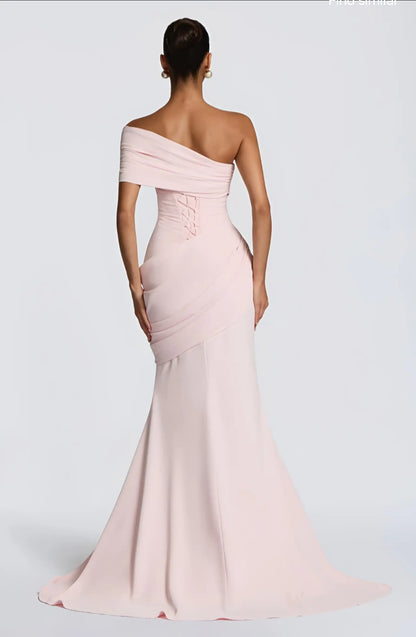 One-Shoulder Draped Mermaid Evening Gown with Train - Modernrush.us