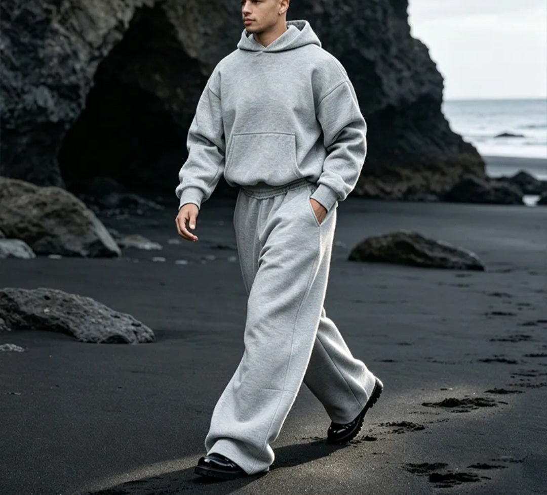 Oversized Pullover Hoodie and Wide-Leg Pants Set, Heavyweight Cotton Fleece