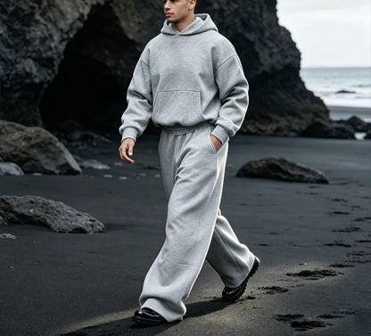 Oversized Pullover Hoodie and Wide-Leg Pants Set, Heavyweight Cotton Fleece - Modernrush.us