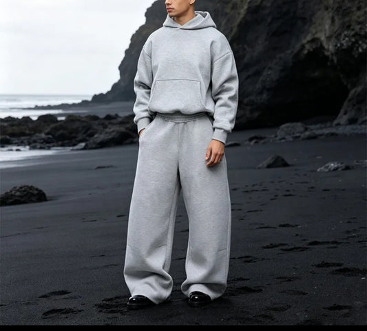 Oversized Pullover Hoodie and Wide-Leg Pants Set, Heavyweight Cotton Fleece