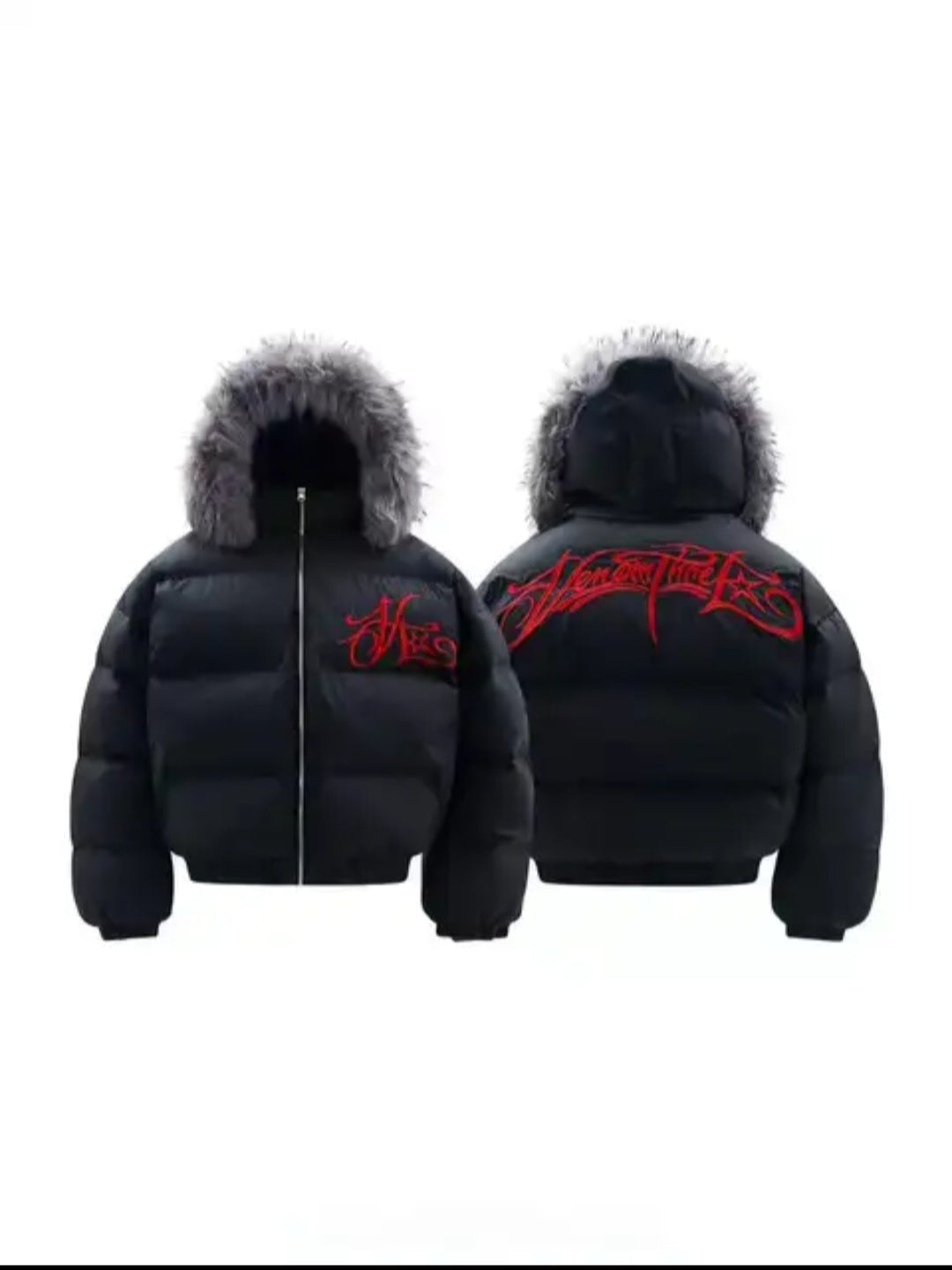 Fur-Hood Puffer Bomber Jacket with Detachable Collar