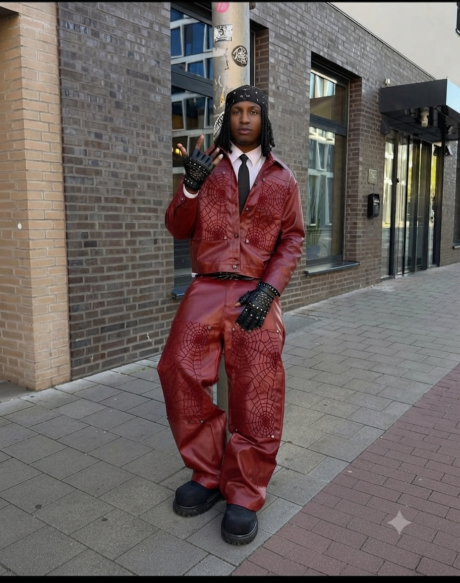 Men's Spiderweb Embossed Faux Leather Jacket & Pants Set