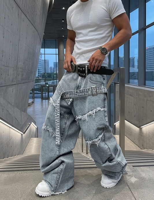 Y2K American Vintage Light Acid Wash Frayed Deconstructed Strap Baggy Stacked Wide Leg Jeans