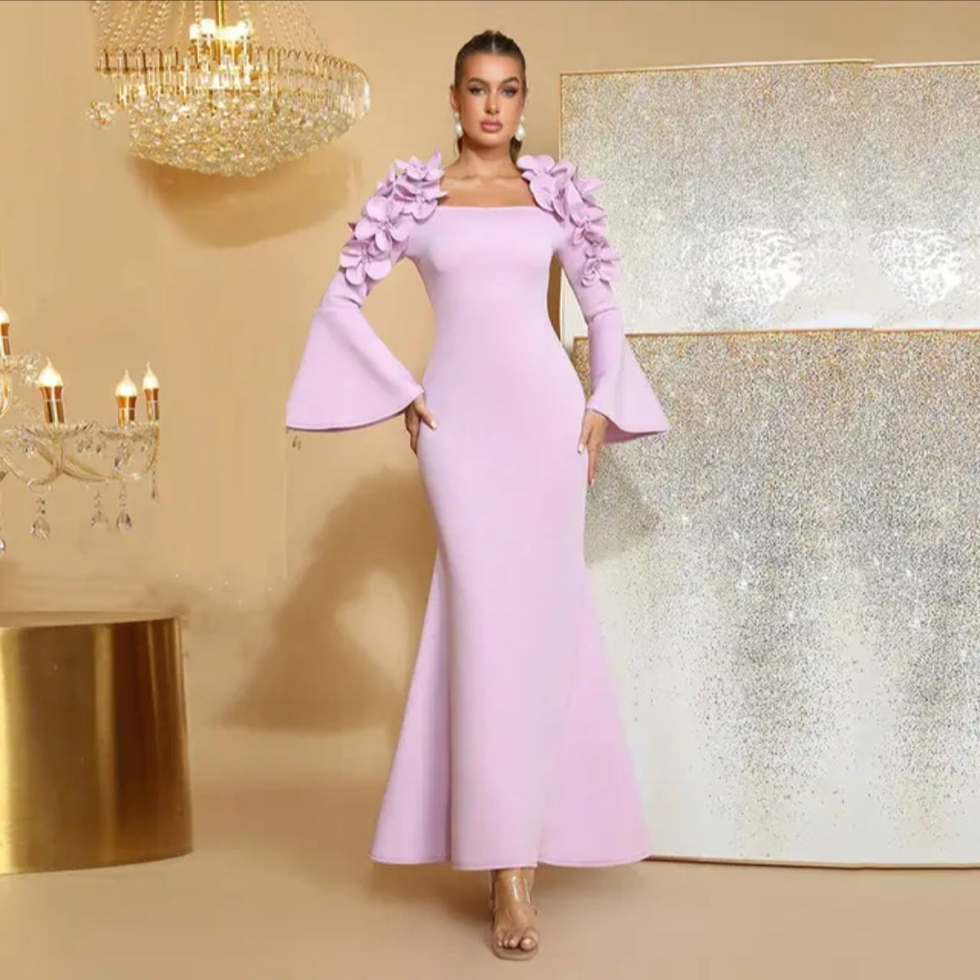 3D Floral Shoulder Bell-Sleeve Mermaid Evening Gown - Modernrush.us