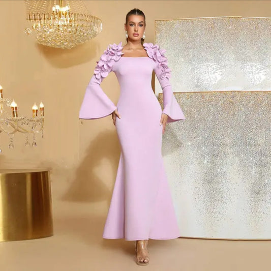 3D Floral Shoulder Bell-Sleeve Mermaid Evening Gown - Modernrush.us