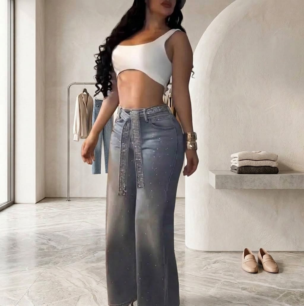 Western Style Rhinestone-Studded Straight-Leg Jeans with Belt Women Streetwear High-Waisted Denim