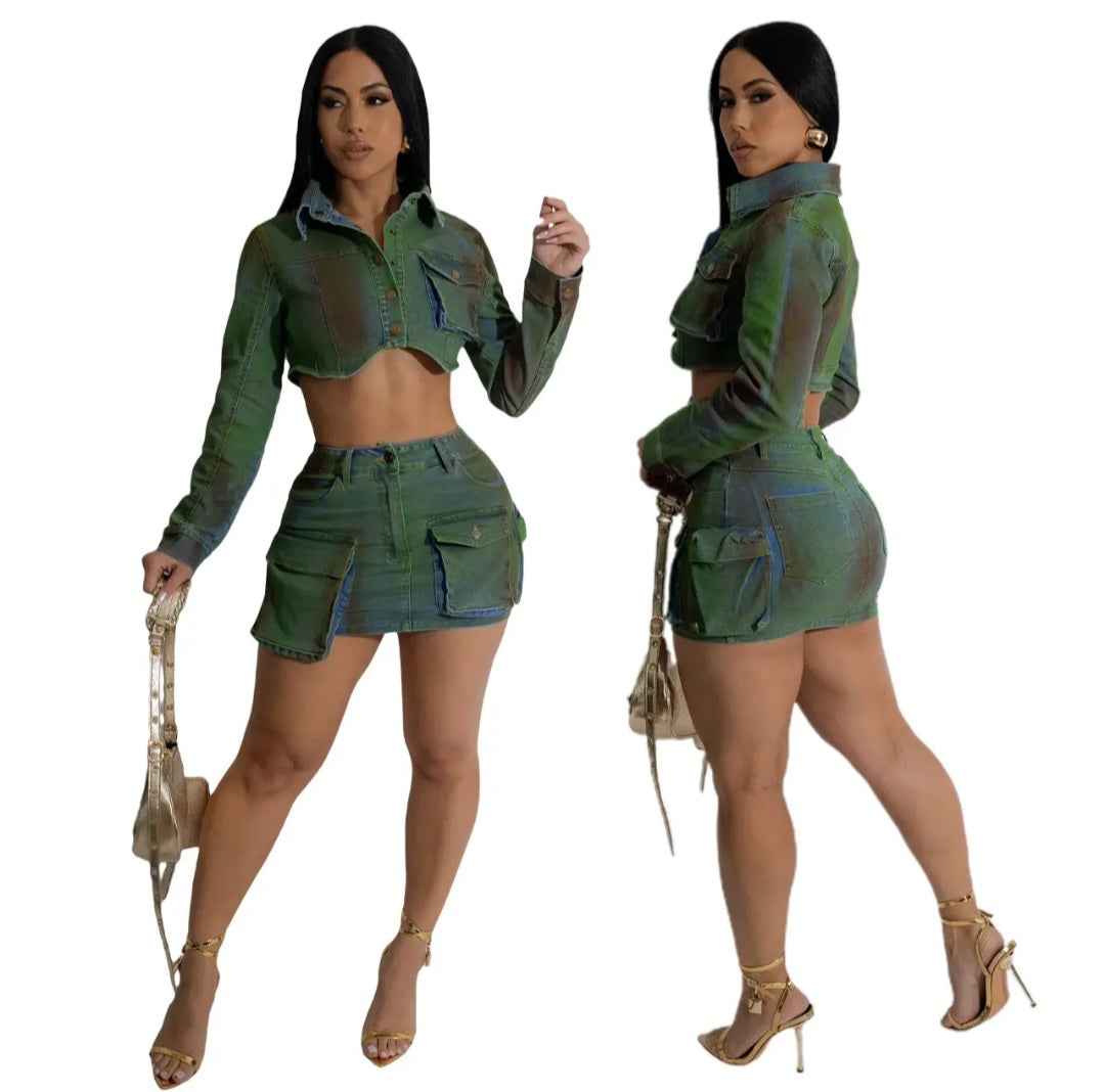 Cropped Denim Jacket & Cargo Mini Skirt Set