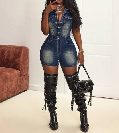 Button-Front Belted Denim Romper