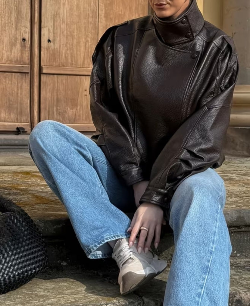 Women's Oversized Faux-Leather Zip Jacket, Versatile Casual Short Coat - Modernrush.us
