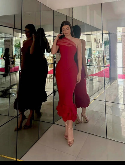 One-Shoulder Mesh Strap Ruffled Hem Mermaid Evening Gown