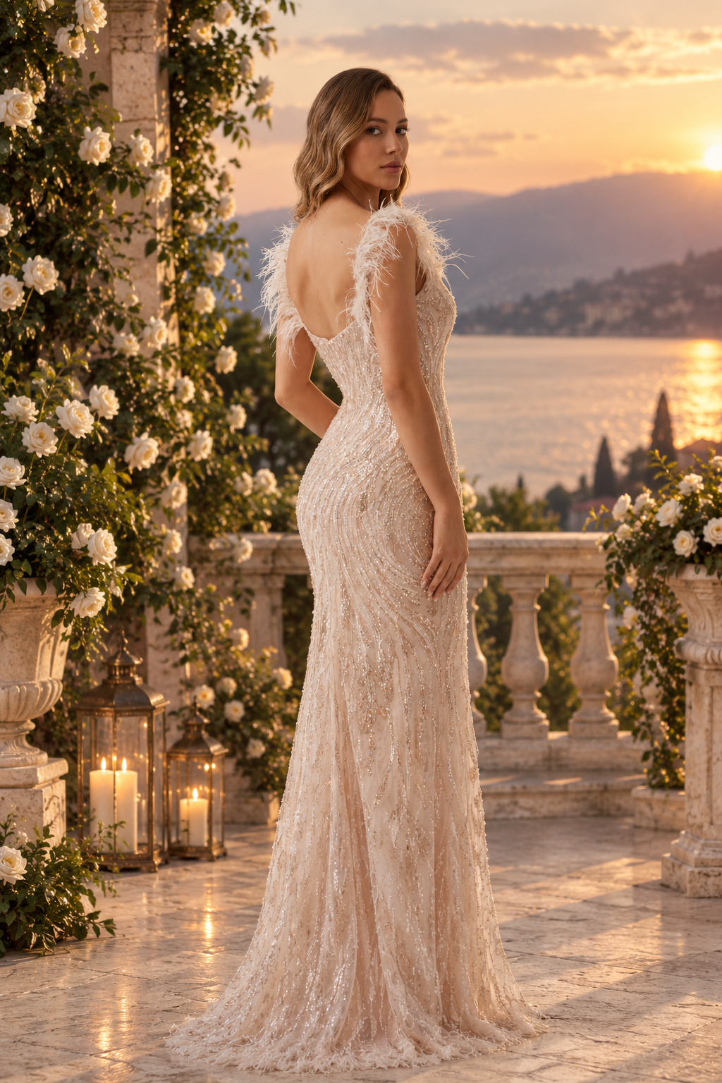 Feather-Trim Beaded Mermaid Evening Gown | Abito da Sera a Sirena con Piume e Perline