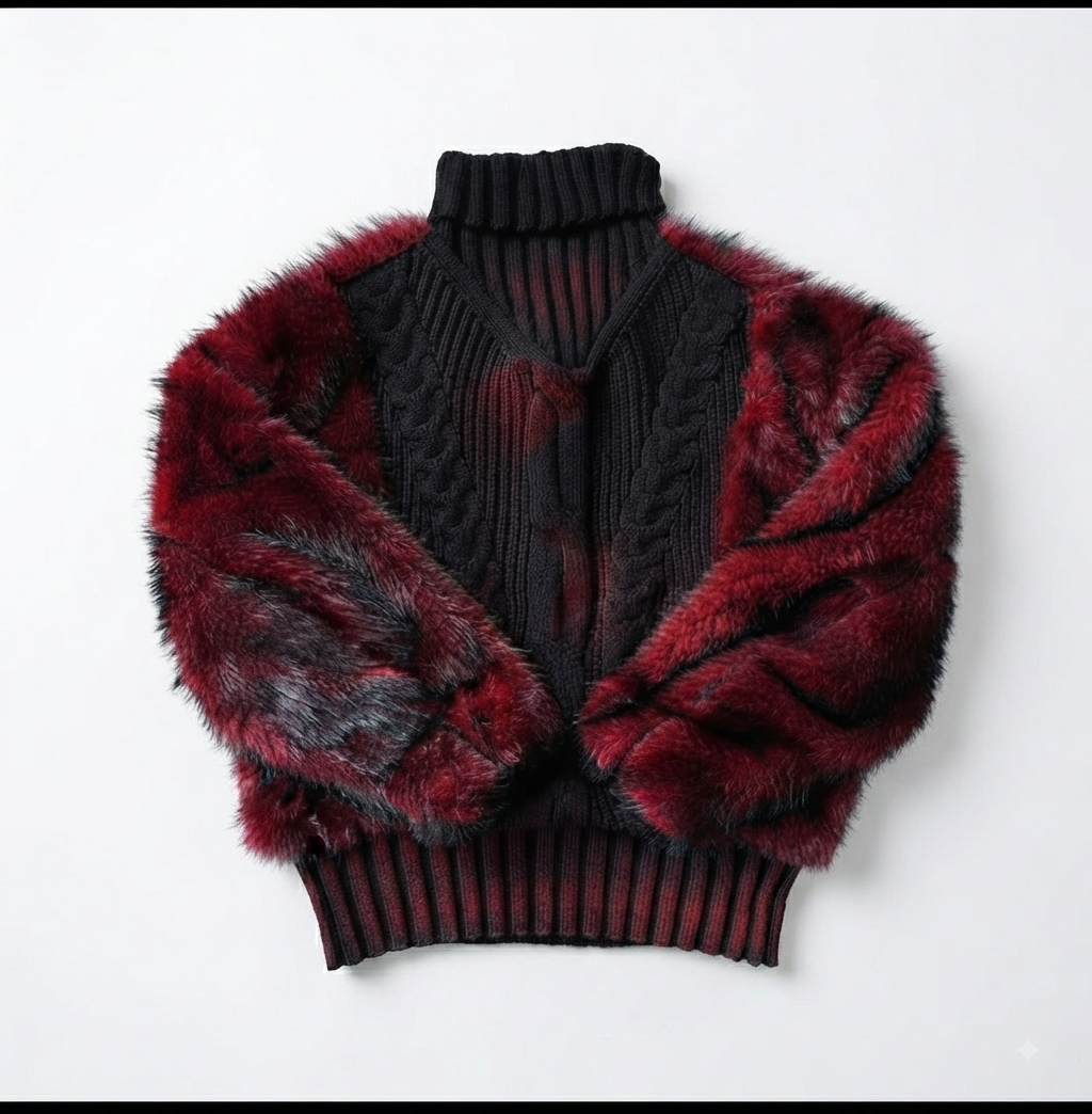 Oversized Faux Fur Cable-Knit Turtleneck Sweater