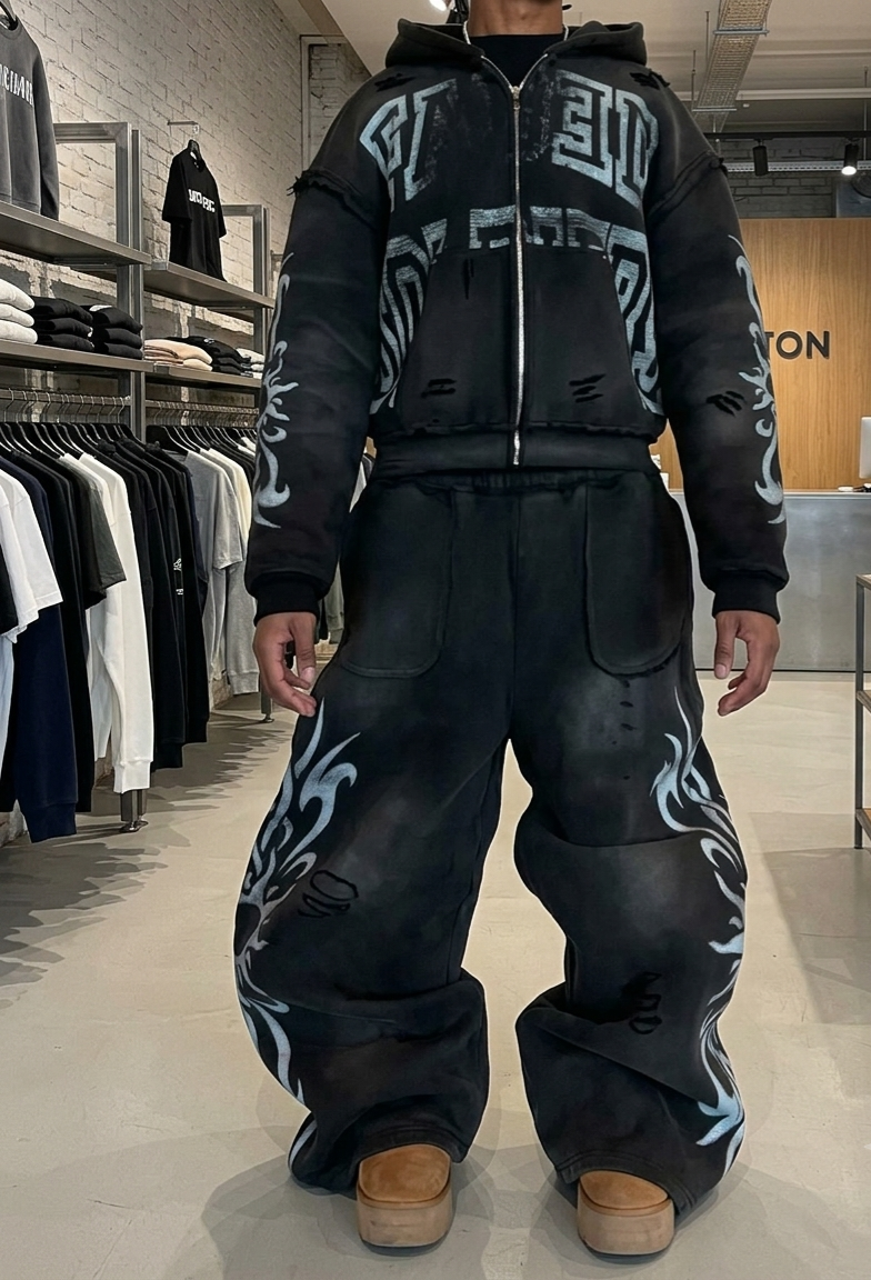 Washed Distressed Flared Sweat Suit Set