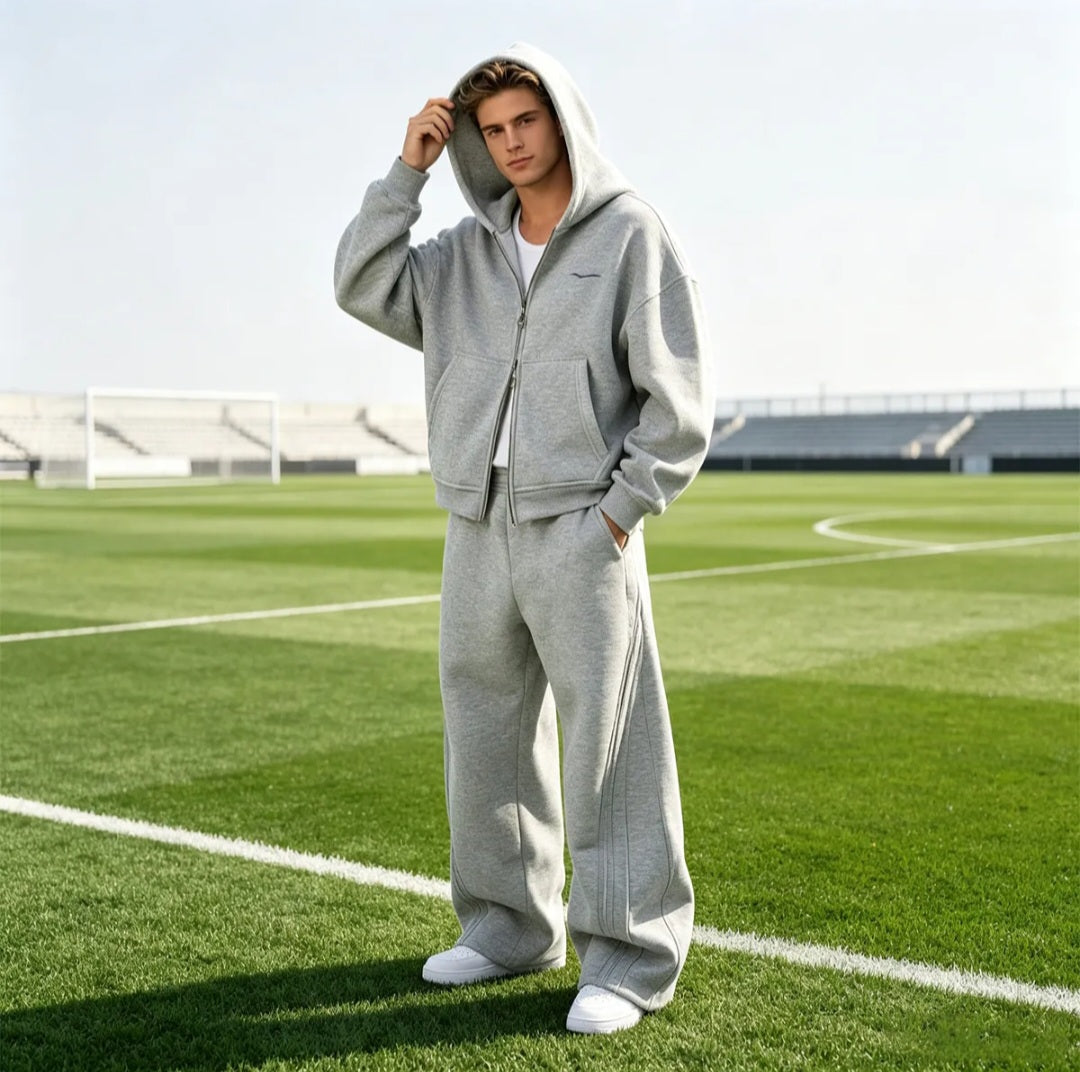 Men's Double Zip Hoodie and Jogger Set, Oversized Baggy Wide Leg