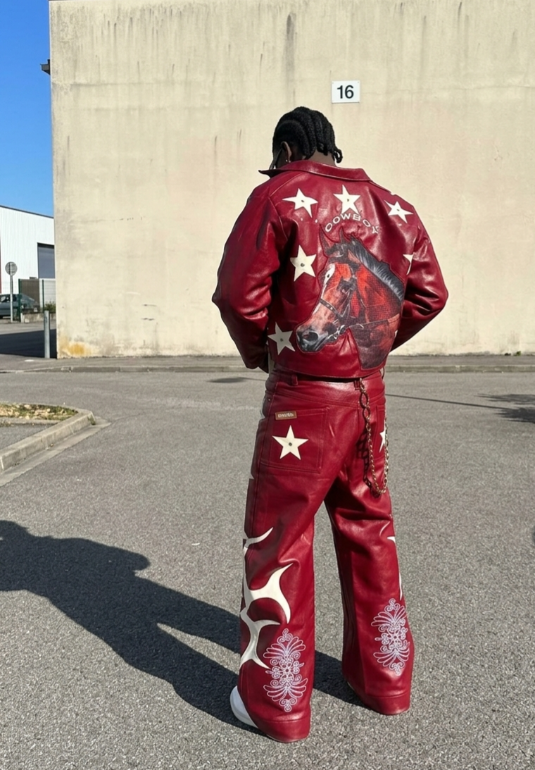 Red Faux-Leather Rivet Jacket & Wide-Leg Pants Set