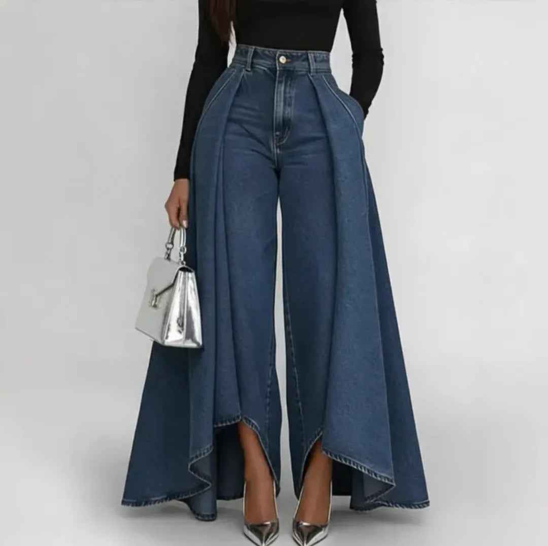 Flared Handkerchief-Hem Wide-Leg Denim