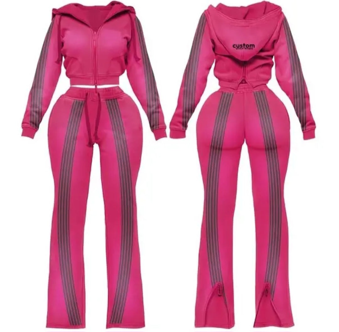 Women's Cropped Zip Hoodie and Flared Jogger Loungewear Set, Side Stripe
