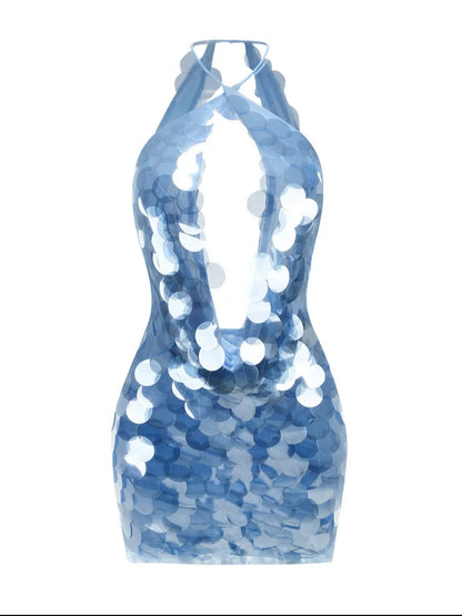Sequin Plunge Halter Bodycon Mini Dress - Modernrush.us