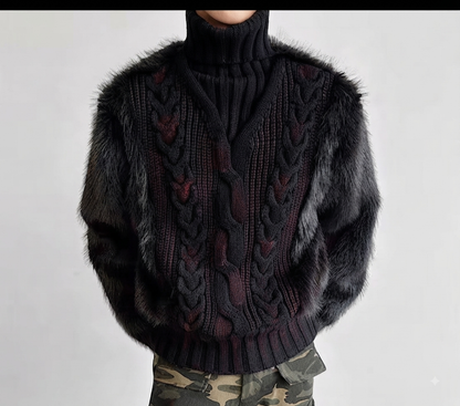 Oversized Faux Fur Cable-Knit Turtleneck Sweater - Modernrush.us