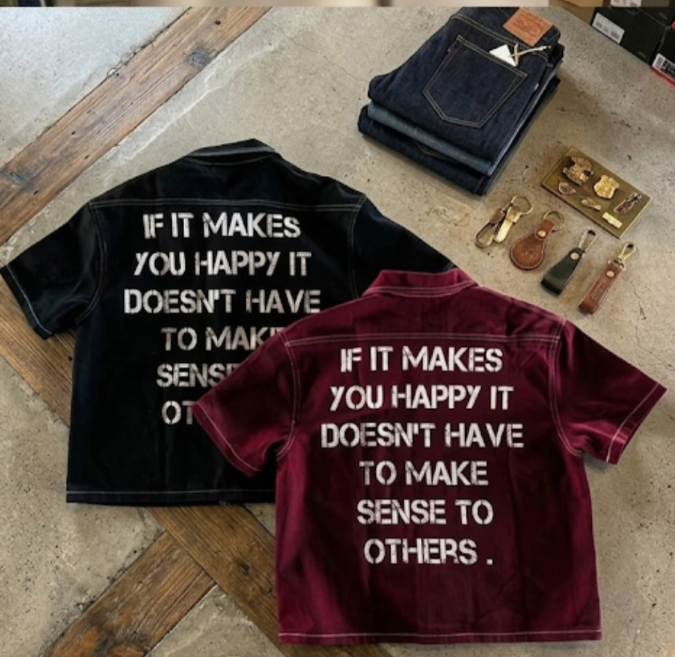 "If It Makes You Happy" Slogan Print Distressed Button-Up Shirt