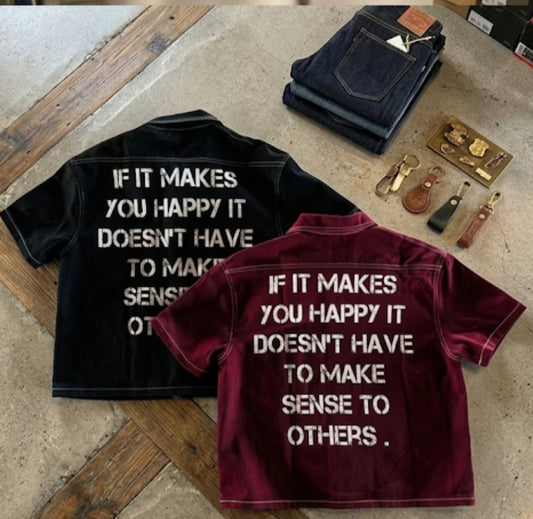 "If It Makes You Happy" Slogan Print Distressed Button-Up Shirt
