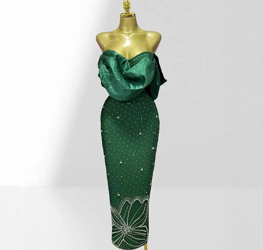 Off-Shoulder Ruched Rhinestone Floral Column Evening Gown
