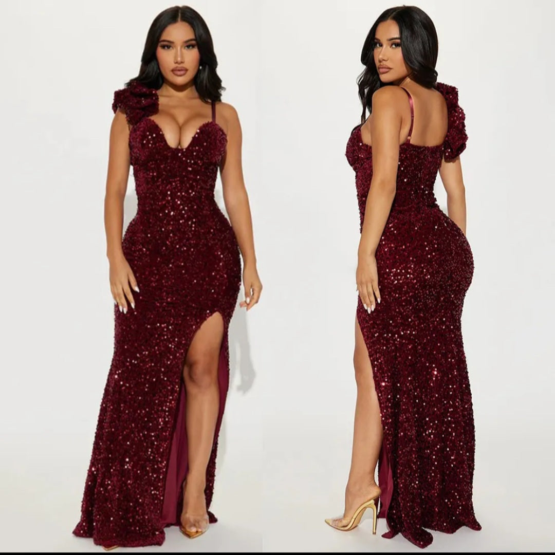 Sequin Sweetheart One-Shoulder Ruffle Mermaid Gown with Slit