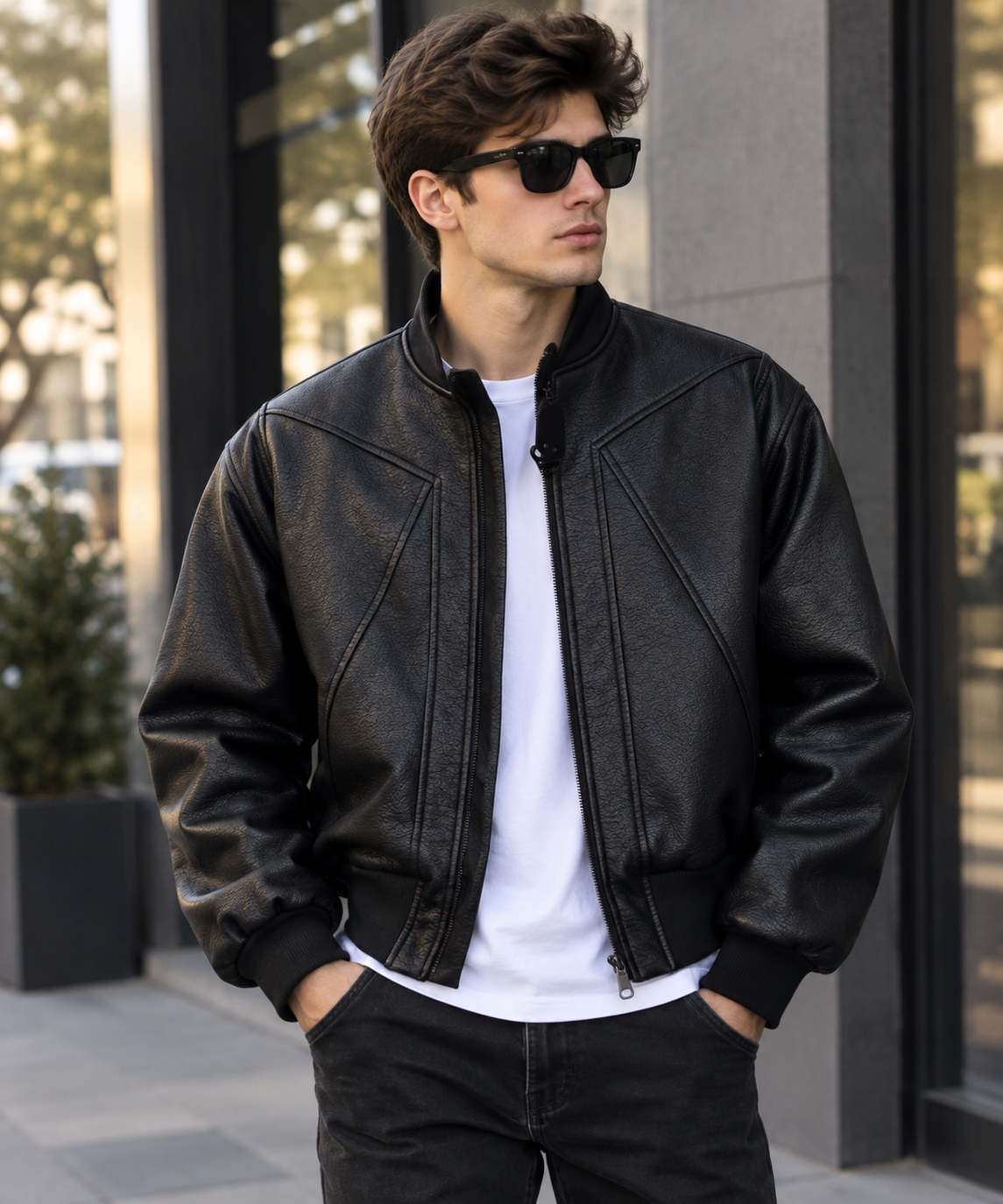 Men's Faux Leather Panelled Bomber Jacket – Black PU Stand Collar